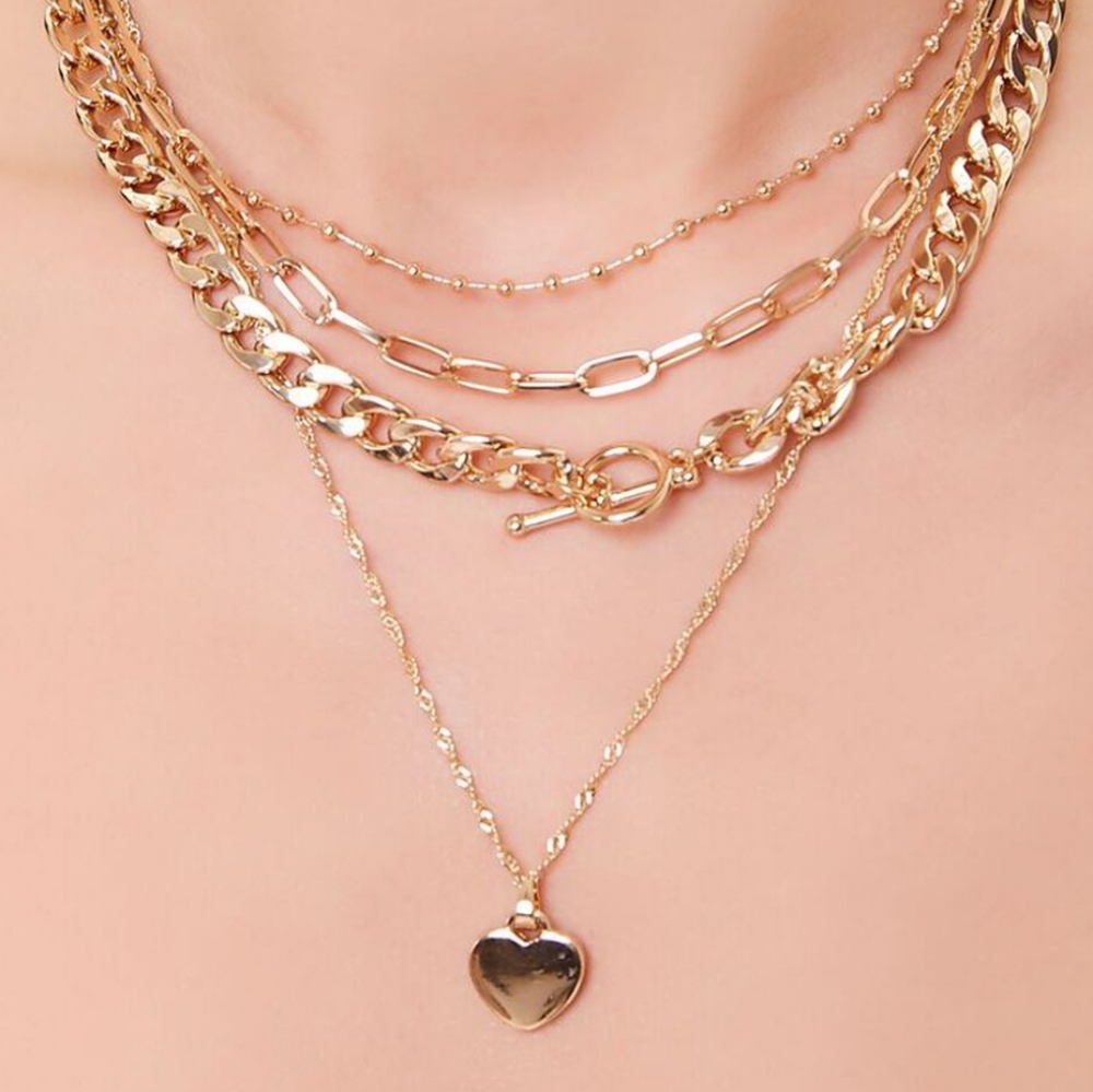 Gold 3-layered diamond heart Necklace